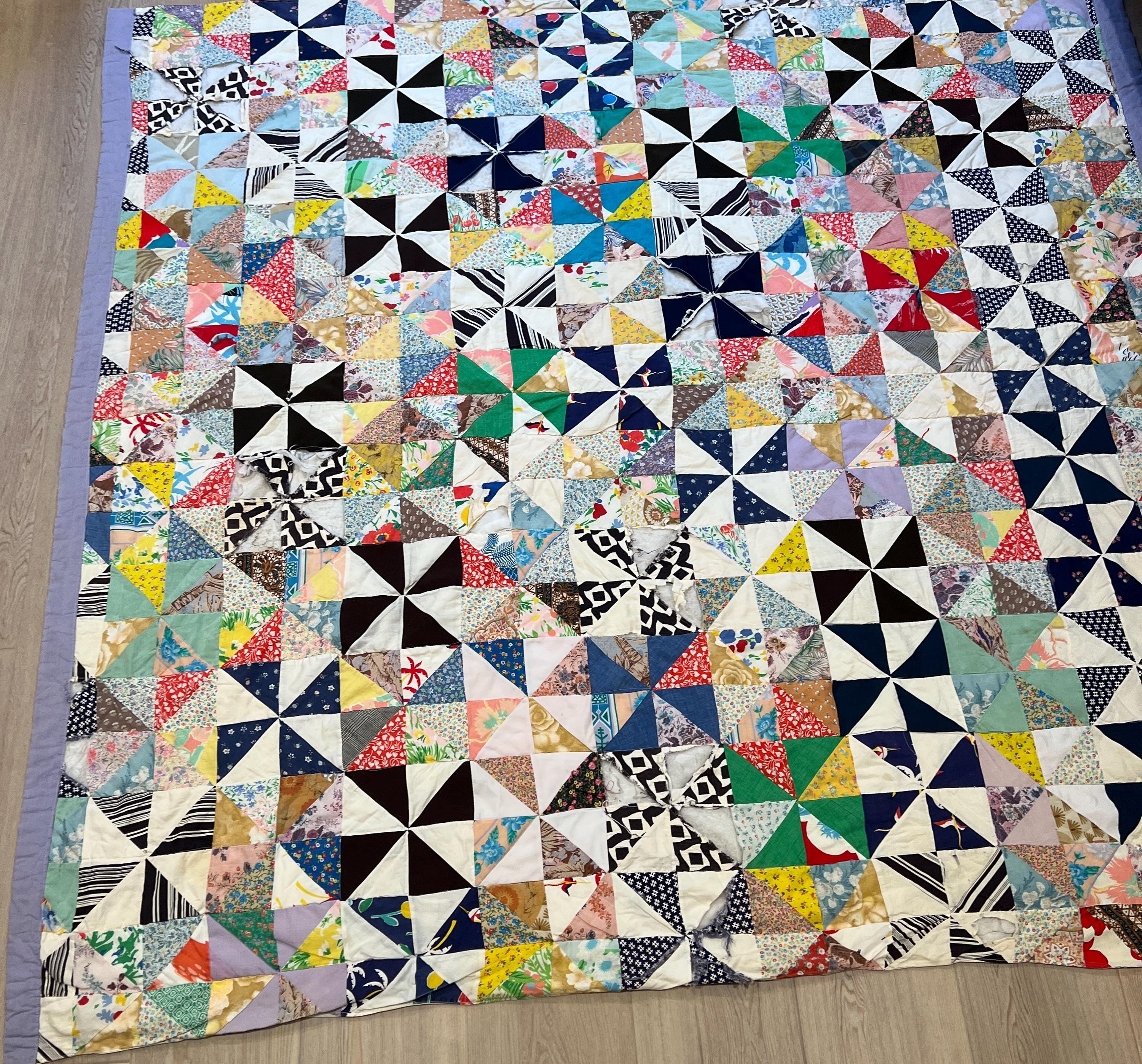 Vintage Pinwheel Quilt Top: Multicolor Machine Pieced Cutter Quilt
