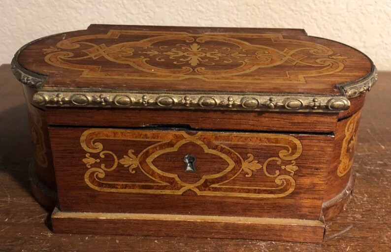Vintage Inlaid Wood Box With Blue Satin Interior Ornate Image 0