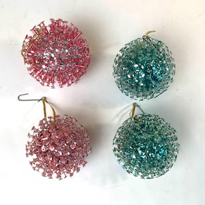 Lot of 4 Vintage Handmade Ornaments; Pink and Blue, Teal Handmade Sequin Ornaments
