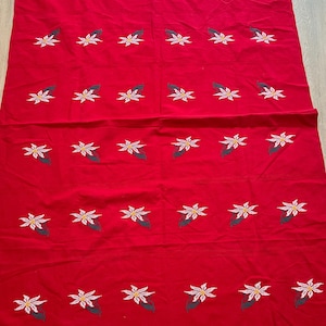 Handmade Embroidered Red Christmas Tablecloth with Poinsettia Flowers, 50&quot; x 77&quot; Tablecloth