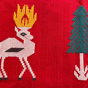 Handmade Embroidered Red Christmas Tablecloth with Poinsettia, Candles, and Reindeer, 53&quot; x 94&quot; Tablecloth