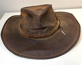 Sombrero vintage marrón de segunda mano estilo Indiana Jones: ribete trenzado y plumas, LEER DESCRIPCIÓN