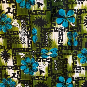Vintage GVH Hawaii Print Barkcloth Fabric in Blue, Green, and Black; 2.6 Yards Fabric