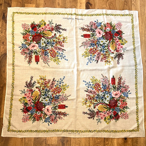 Vintage Square Linen Floral Tablecloth featuring Australian Wildflowers, Vintage Floral Tablecloth; Spring Time Tablecloth; Spring Decor