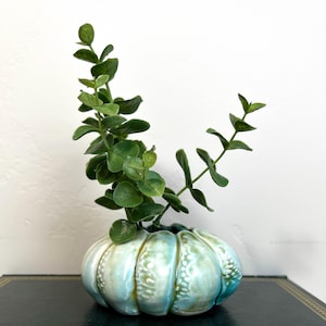 May include: A ceramic vase in the shape of a pumpkin, with a light blue and white glaze. The vase holds green eucalyptus branches. The vase has a textured surface and is sitting on a dark surface.