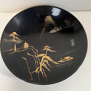 Vintage Asian Black Lacquerware Bowl with Mountain, Boat, Pagoda, Trees; Signed Lacquer Bowl