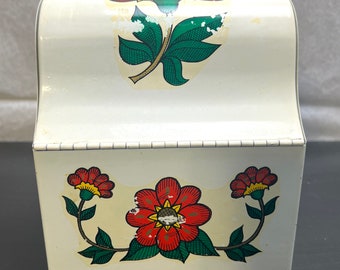 Vintage Metal Recipe Box with Floral Decals; Red Floral Recipe Box