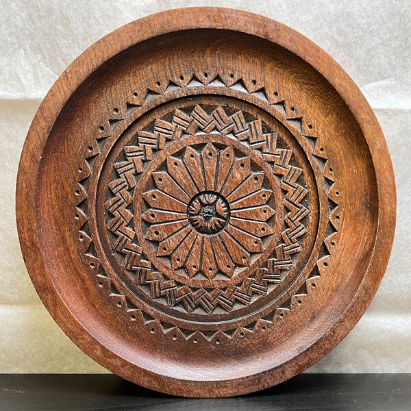 Vintage Carved Wood Plate, Wood Wall Decor; 8" Wooden Plate