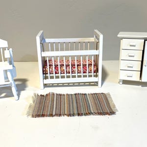 Vintage Lot of Dollhouse Miniature Nursery Furniture; Miniature High Chair, Crib, Dresser