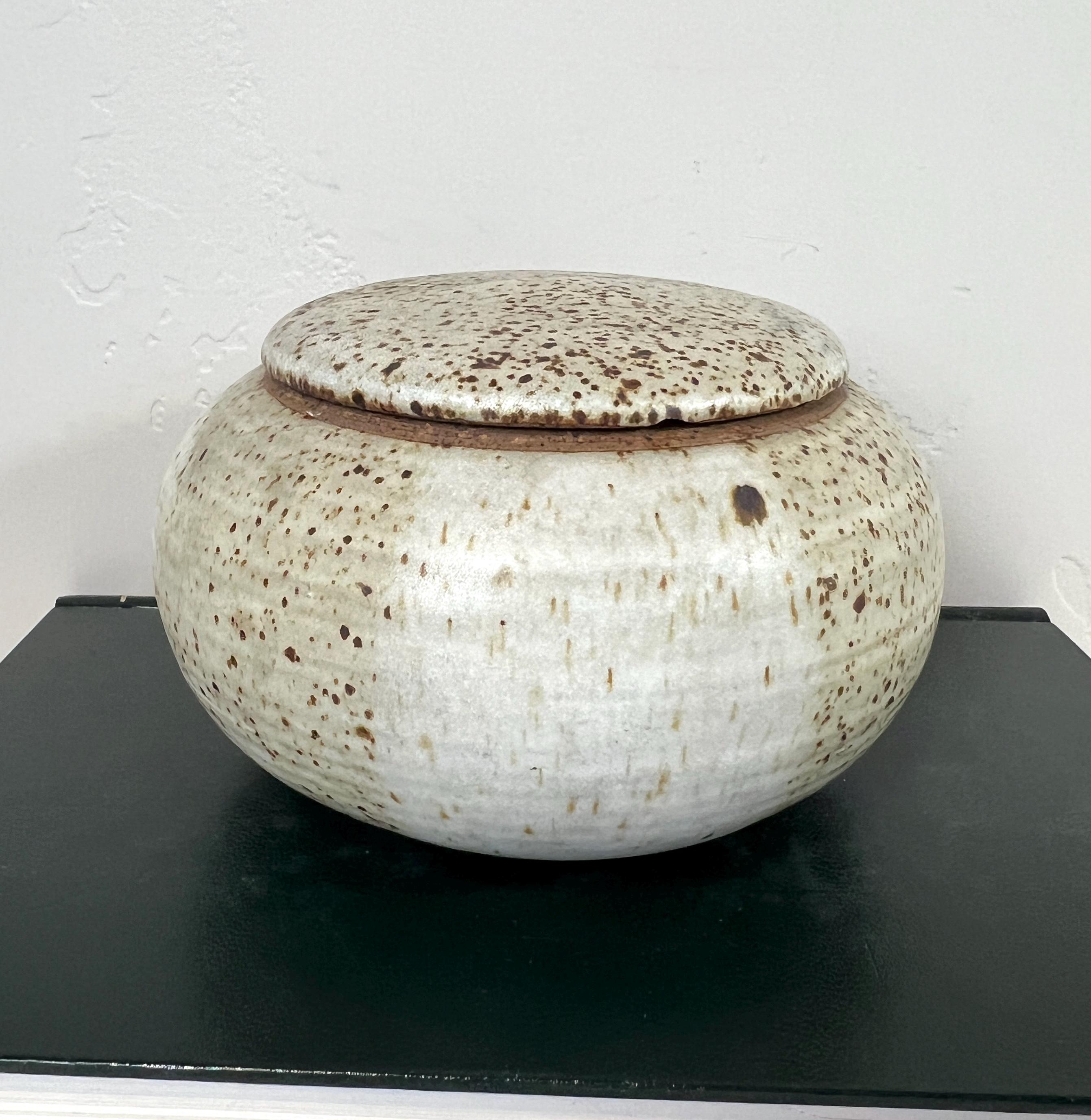 Vintage Lidded Ceramic Jar, Signed Ceramic Container with Speckled Glaze, Ceramic Urn