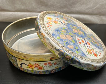 Vintage Asian Floral Cookie Tin, Storage Tin with Lid; Vintage Floral Tin