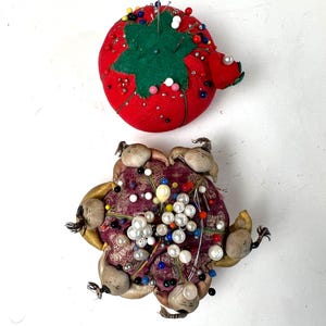 2 Vintage Sewing Pin Cushions, Tomato Pin Cushion with Strawberry, Silk Asian Pin Cushion with Children Around the Edge
