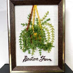 Vintage Framed Hand Embroidered, Crewel Work Boston Fern; Framed Sunset Embroidery