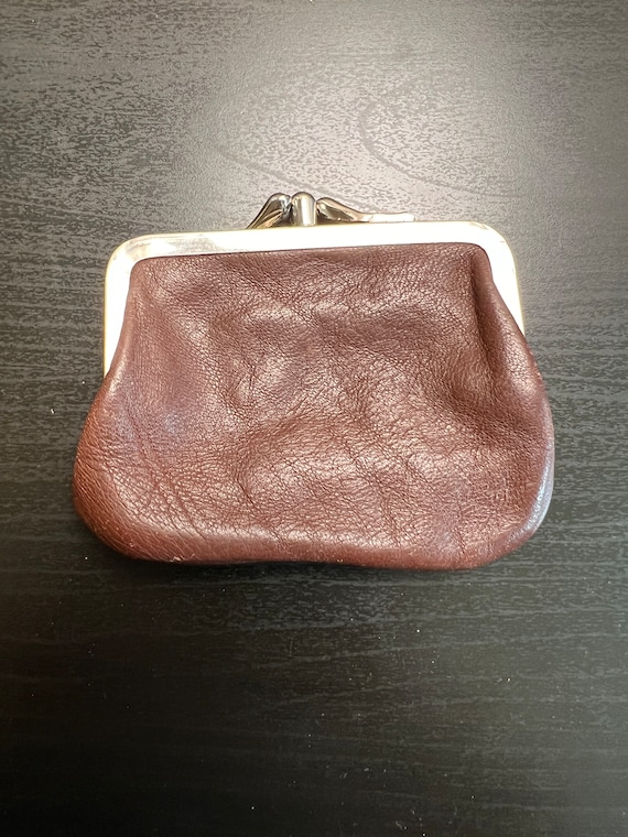 Vintage Brown Leather Double Kisslock Coin Purse, 