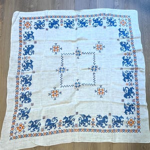 Vintage Dragon and Lion Tablecloth: 50&quot; Square Nubby Cotton