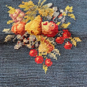 Antique Needlepoint Seat Cover with Fruit Still Life Scene;