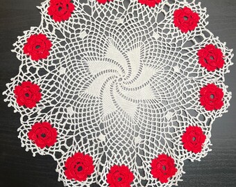 Vintage Handmade Red and White Doily; Vintage 11.5" Doily