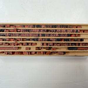 May include: A rectangular wooden storage tray with multiple horizontal grooves containing a collection of small, individual red and black rubber letterpress type blocks arranged in rows, showing various alphanumeric characters and symbols.
