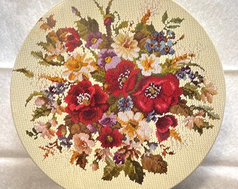 Vintage Brach's Candy Floral Cross Stitch Cookie Tin; Vintage Floral Cookie Tin; Round Cookie Tin