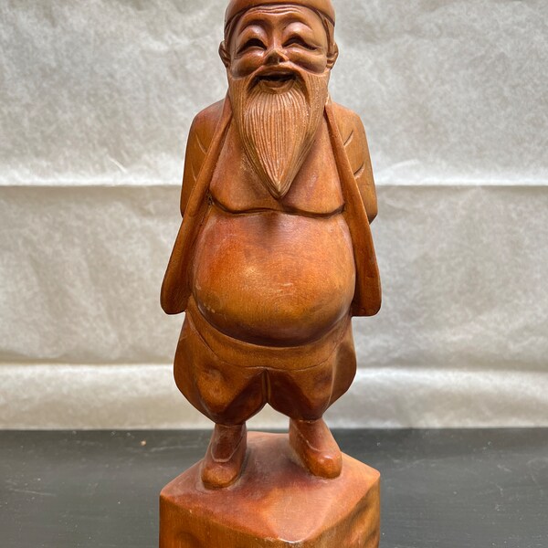 Vintage Folk Art Hand Carved Wood Man; Asian Wooden Sculpture of Immortal, Scholar