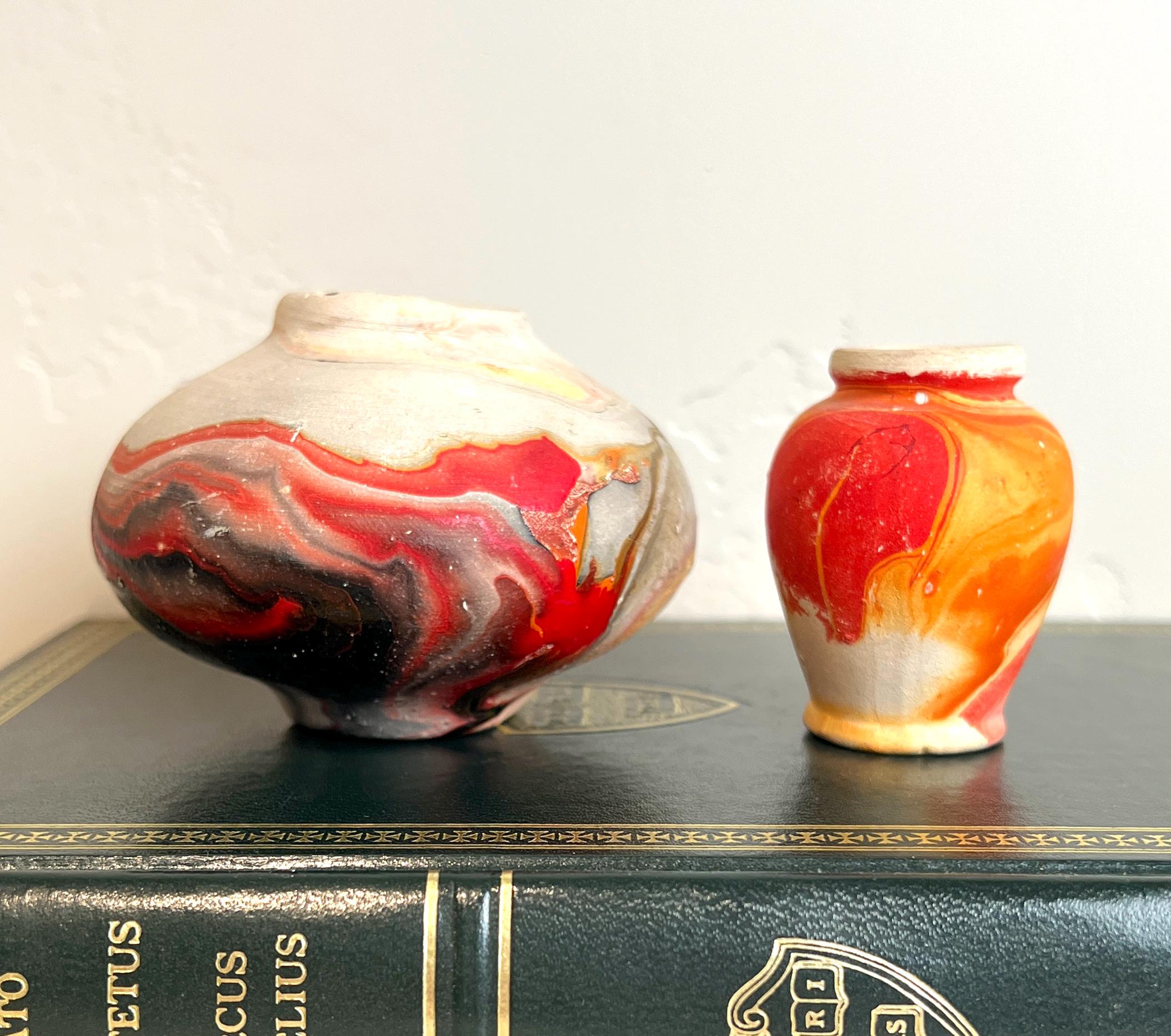 Vintage Nemadji Pottery Vases: Red Orange Swirl Pair - Etsy display picture 1