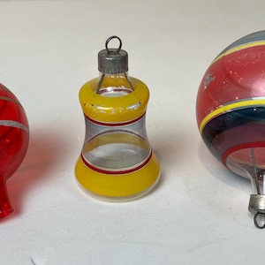 Three World War II Era Hand-painted Unsilvered Christmas Tree Ornaments with Stripes; Vintage Bell Shaped Christmas Ornament