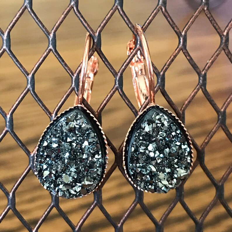 Pewter Faux Druzy Dangly Earrings Earrings for Sensitive Skin Tear Drop