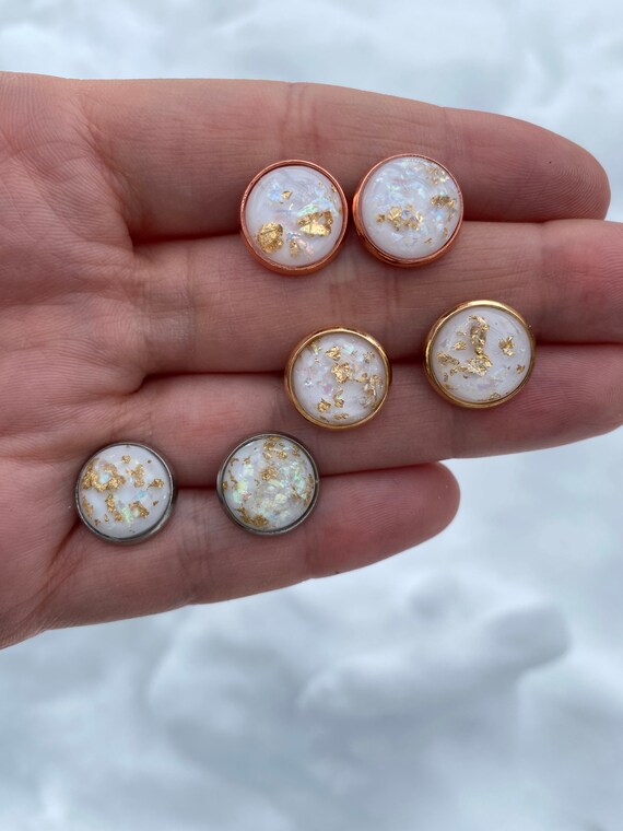 White and Gold Fleck Earrings Faux Opal Moonstone Earrings Tiny
