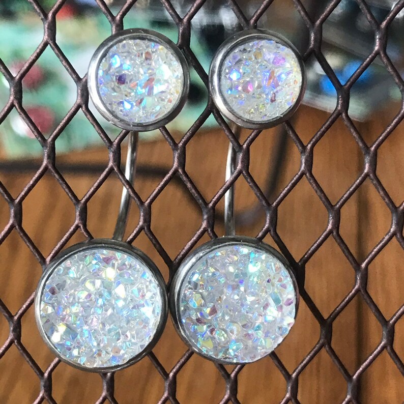 Chandelier druzy geode dangly drop earrings stainless steel earrings for sensitive skin grey druzy double drop earrings 12mm Crystal clear