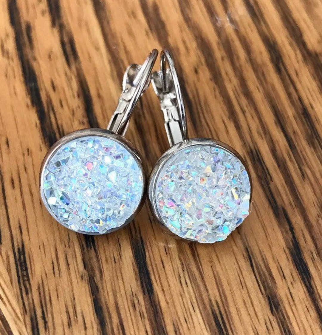 Clear and Silver Druzy Studs, Clear Druzy Stud Earrings, Everyday