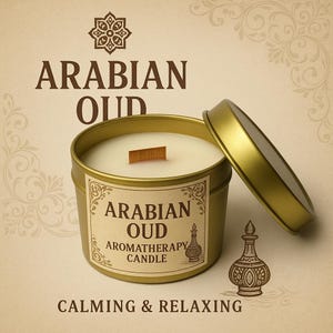 Arabian Oud Candle with Wooden Wick – Aromatherapy Scented Tin | Calming, Relaxing, Luxury Gift for Her