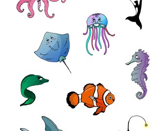 Fische Meerestiere A4 Aufkleber Sticker Karten basteln Scrapbooking Journal Planer Kinder