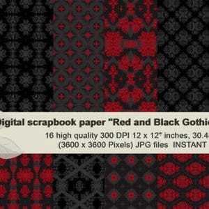 Könnte beinhalten: Digitales Scrapbook-Papier mit roten und schwarzen Gothic-Mustern. Das Bild zeigt 16 hochwertige digitale Designs, jeweils 30,48 x 30,48 cm. Die Muster umfassen florale und geometrische Motive, ideal für digitale Kunstprojekte.