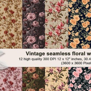 Könnte beinhalten: Eine Sammlung nahtloser Vintage-Blumentapeten-Designs. Jedes Design zeigt ein einzigartiges Blumenmuster in verschiedenen Farben, darunter Rot, Rosa, Gelb und Blau. Der Text lautet: "Vintage seamless floral wallpaper. 12 high quality 300 DPI 30,48 x 30,48 cm, (3600 x 3600 Pixel) JPEG files."