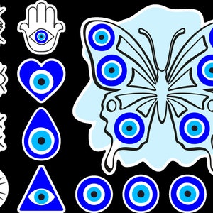 13 - 1 adesivo decalcomania pagina A4 con occhi azzurri e farfalla - Evil Eyes - Download digitale