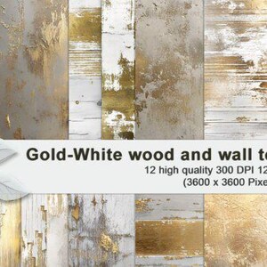 Könnte beinhalten: Eine Sammlung von gold-, weiß- und graufarbenen Holztexturen. Das Bild zeigt verschiedene Muster von Altholz mit Goldblatt-Akzenten. Der Text lautet "Gold-White wood and wall textures." und "12 hochwertige 300 DPI 30.5 x 30.5 cm, (3600 x 3600 Pixel) JPEG-Dateien."