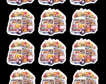 Ostern Bus Blumen Frühling Aufkleber Sticker A4 Digitale Download zum ausdrucken