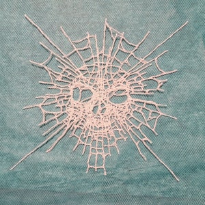 May include: A white lace design resembling a spiderweb with a skull-like shape in the center, on a teal background.