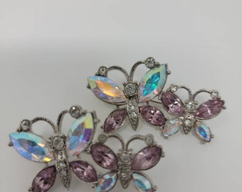 Vintage Avon Double Butterfly Brooch: Aurora Borealis & Purple Stones