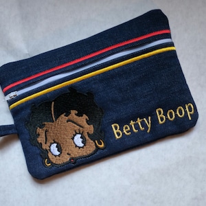 Embroidered Betty Boop Denim Clutch: Handmade Zippered Wristlet