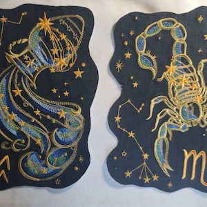 Zodiac Star Sign Constellation - Embroidered Iron-On/ Jean Jacket patch / Vest Jacket, 9&quot; Large, Backpack, Pisces,  Aquarius, Scorpio,