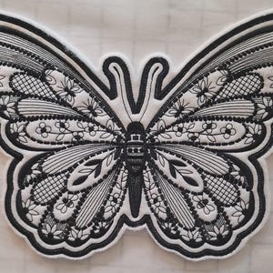 Black Satin Butterfly Embroidery Patch: Midnight Bloom Floral Applique