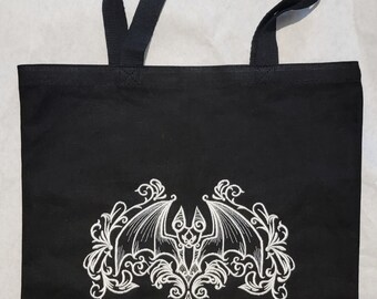 Embroidered Bat Black Tote Bag: Gothic Halloween Decor