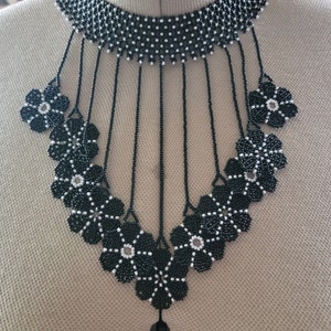 Handmade Beaded Flower Choker: Black Medallion Necklace