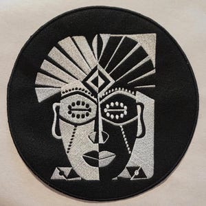 African Inspired Mask Iron-on Patch.  10&quot; Back Patch, Black Felt and White Thread, Tribal, Black Culture, Unapologetically Black, Strength