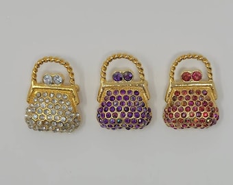 Vintage Rhinestone Handbag Brooch: Bling Purse Pin
