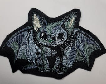 Embroidered Bat Cat Patch, Gothic Kawaii Animal Iron On, Spooky Halloween Felt Applique