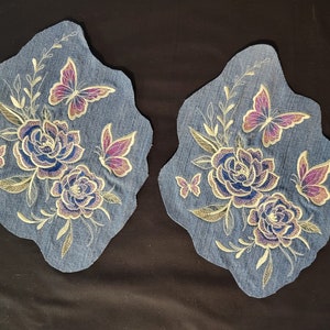 Large Iron-On Jean Patches – Floral & Butterfly Embroidery on Upcycled Denim (Pair)