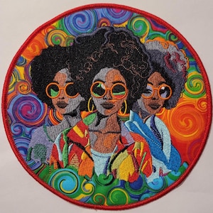 Black Sisters Embroidery Iron-On Patch: Afrocentric Art, Brown Skin Girl (7")
