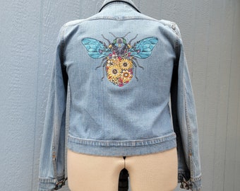 Upcycled Denim Jacket with Embroidered Moth Back – Women’s Medium Statement Jacket